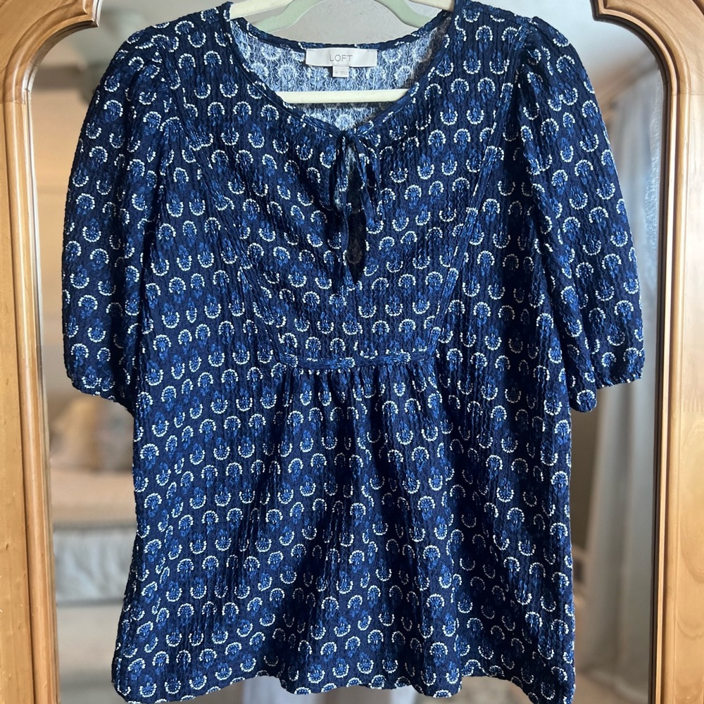 Loft Navy Blue Patterned Blouse - image 3
